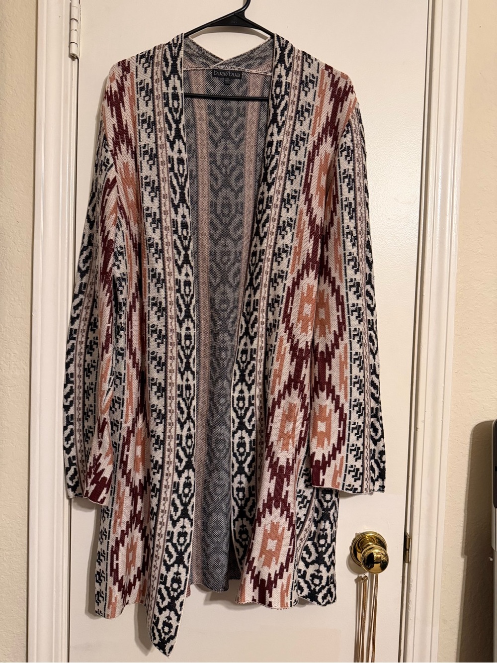 Open-Front Geometric Aztec Cardigan Sweater - Cream, Rust & Black